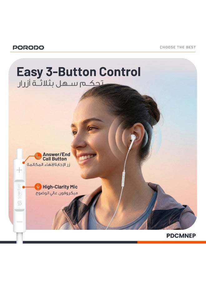 porodo Mono/Single Type-C Earphone With 3-Button Controls - White - Image 4